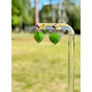 Vintage 925 Sterling Silver Gold Plated Jade Dangle Earrings Green Drop